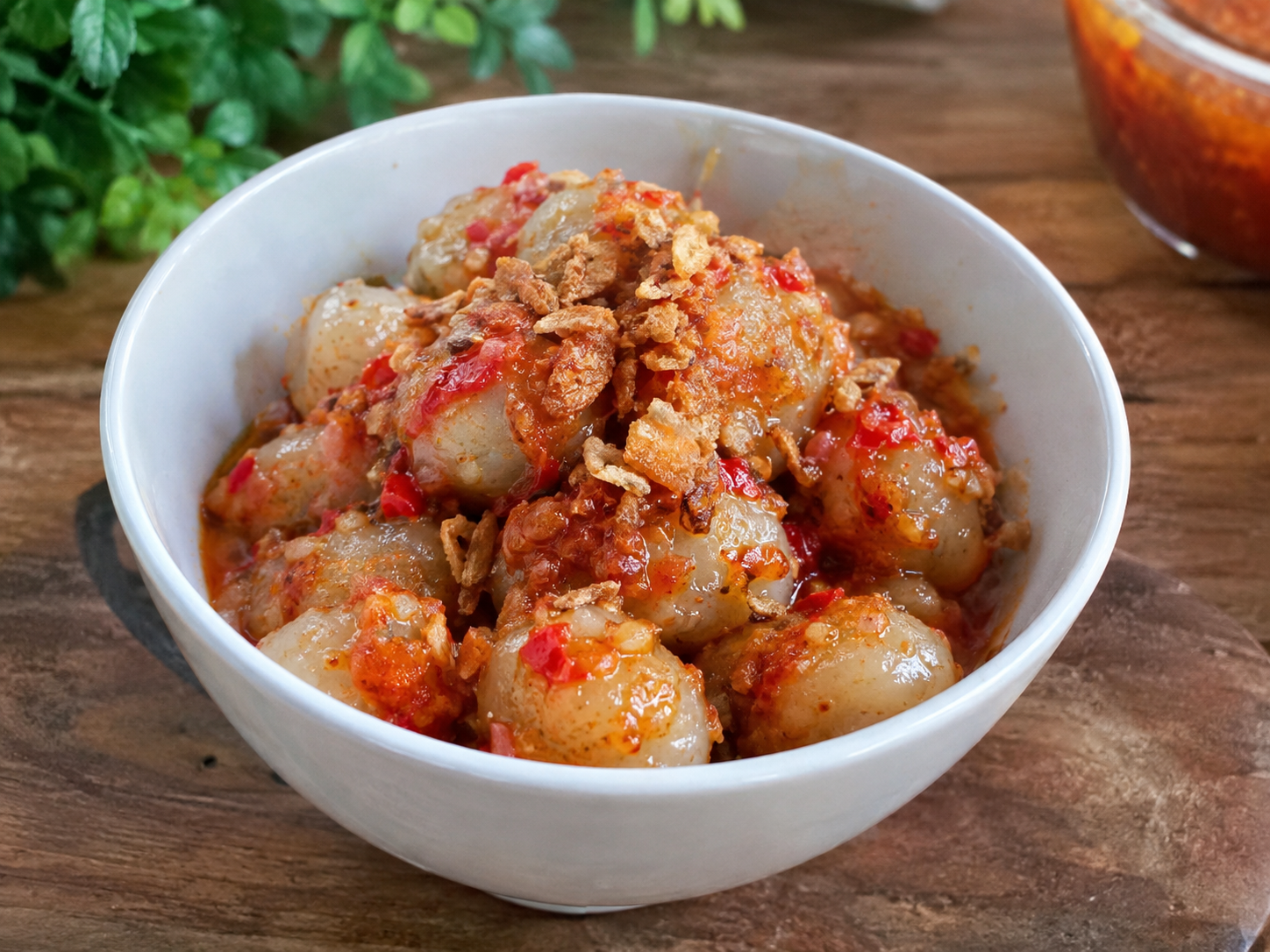 Cilok pedas kenyal dengan sambal pedas dan taburan bawang goreng
